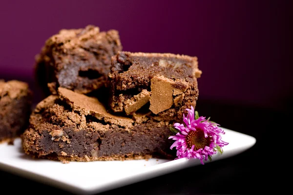 Chocolate Brownies White Platter Restaurant Table — Stock Photo, Image