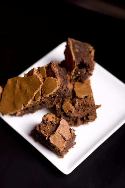 Chocolate Brownies White Platter Restaurant Table — Stock Photo, Image