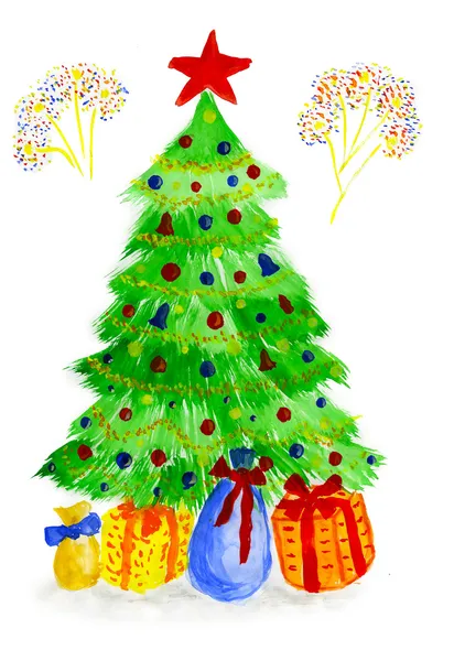 Dětský obrázek? EW rok, vánoční a kožešin strom s věnce — Stock fotografie