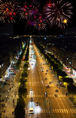 France. Paris. Celebratory fireworks over night street clipart