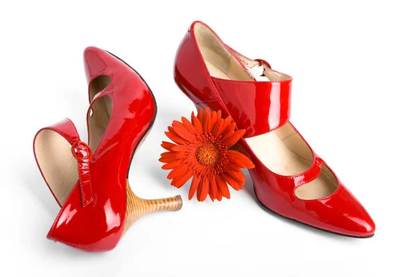 Nya röda skor och blomma — Stockfoto