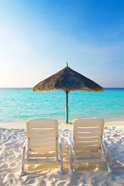 Sonnenschirm und Liegestühle, Malediven — Stockfoto