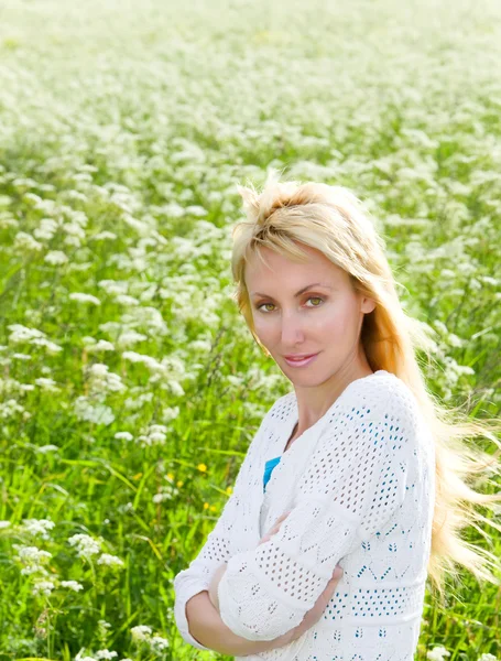 The young beautiful woman in the camomiles field — Stock Photo, Image