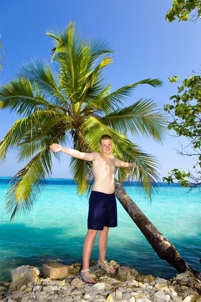 关于对海洋的棕榈树的快乐少年 — 图库照片