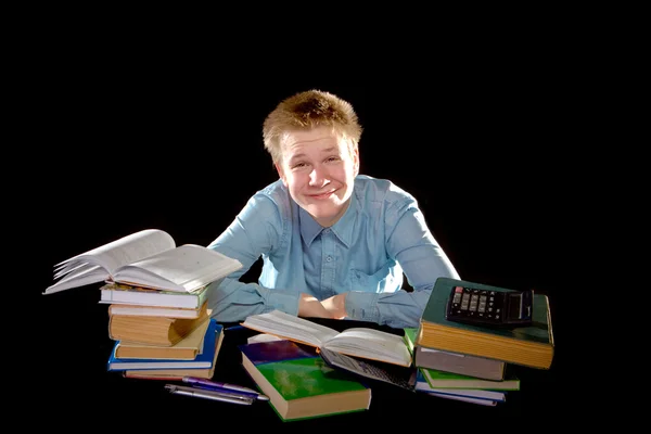 Leerling Schooljongen Met Stapel Van Schoolboeken — Stockfoto