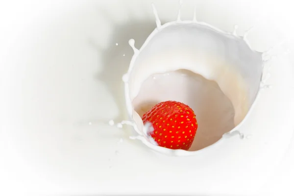 Jordgubbar som faller i mjölk — Stockfoto