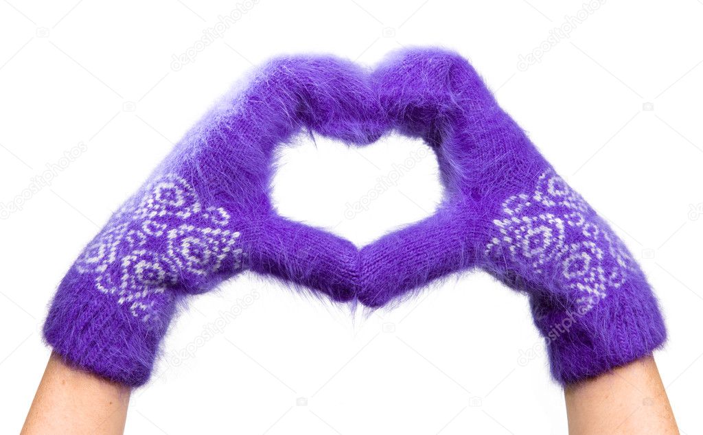 Valentine card- Hands in fluffy mittens are combined in the form of heart
