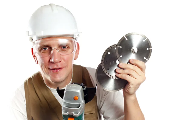 Der Mann Der Baumeister Mit Schutzbrille Und Helm — Stockfoto