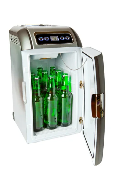 Traveling automobile refrigerator with bottles — Stock Photo, Image
