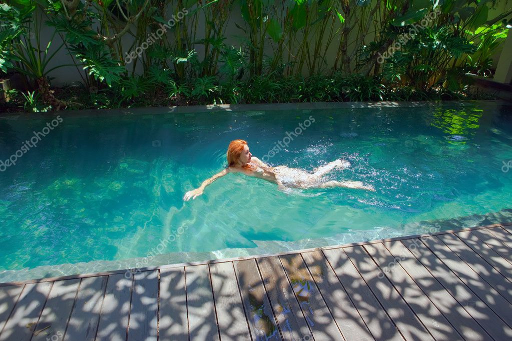 Young Full Naked Woman Coming Out of the Pool Stock Image - Image
