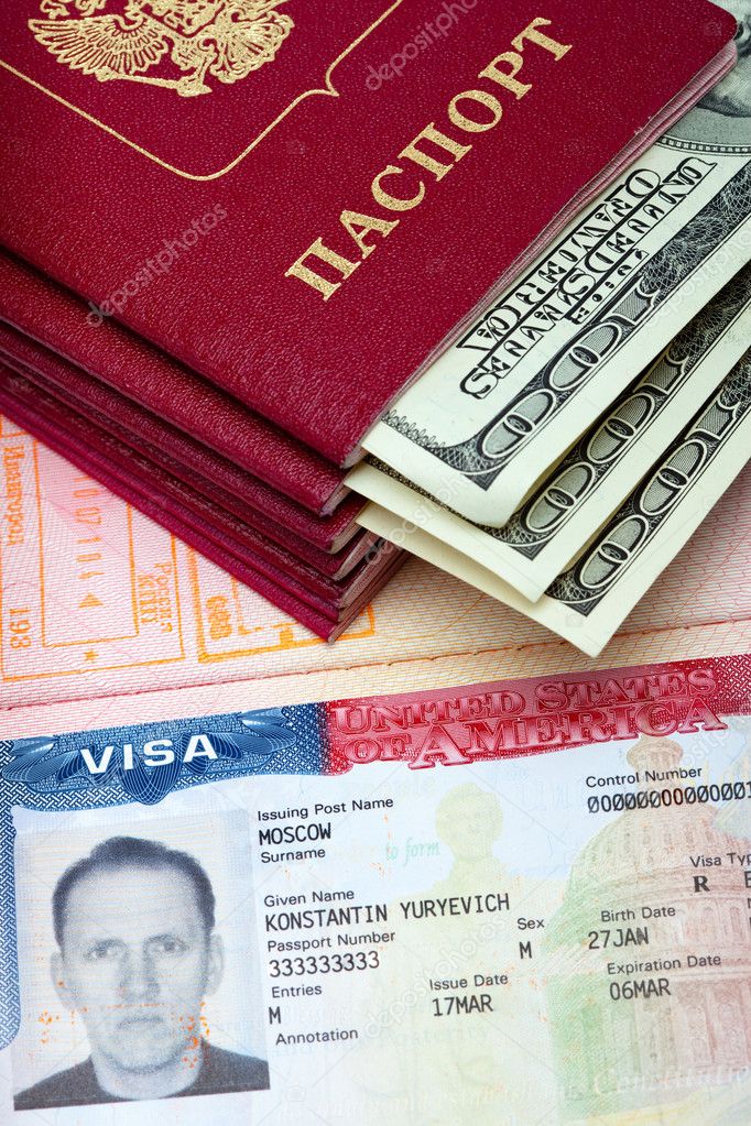 The American visa on page of the Russian international passport and the pas