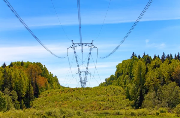 Linha de alta tensão de transmissões de eletricidade em campo — Fotografia de Stock