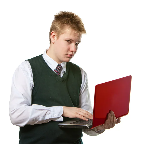 Schoolboy dengan laptop — Stok Foto