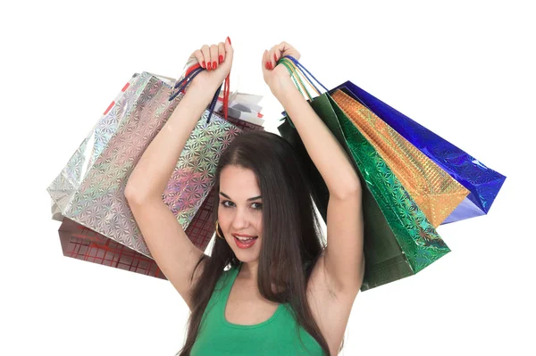 Bella ragazza dello shopping con borse colorate — Foto Stock
