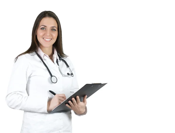 Ritratto Medico Donna Amichevole Con Stetoscopio Scrive Negli Appunti — Foto Stock