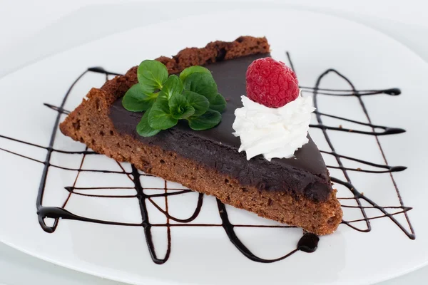 Sobremesa Chocolate Com Guarnição Frutas Hortelã — Fotografia de Stock