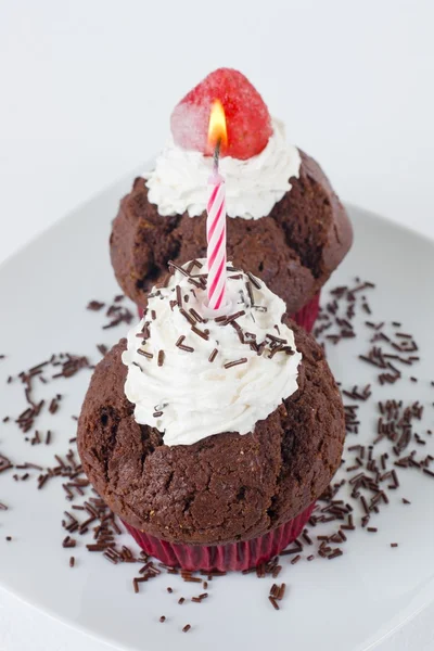 Шоколадные Кексы Свечой День Рождения — стоковое фото