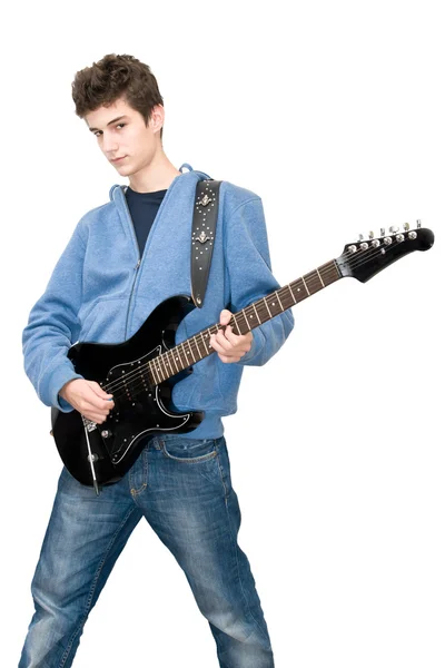 Gra na gitarze elektrycznej na białym tle nastolatek — Zdjęcie stockowe