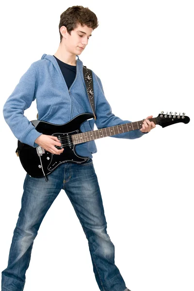 Tiener spelen gitaar op witte achtergrond — Stockfoto
