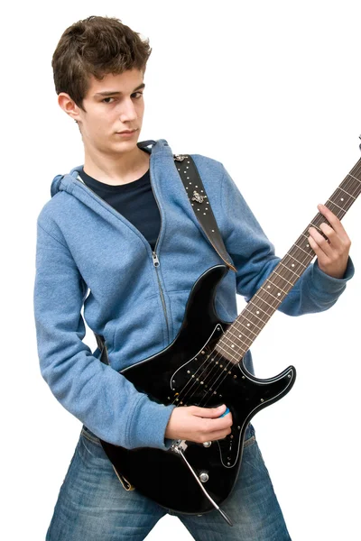 Adolescente tocando guitarra elétrica no fundo branco — Fotografia de Stock