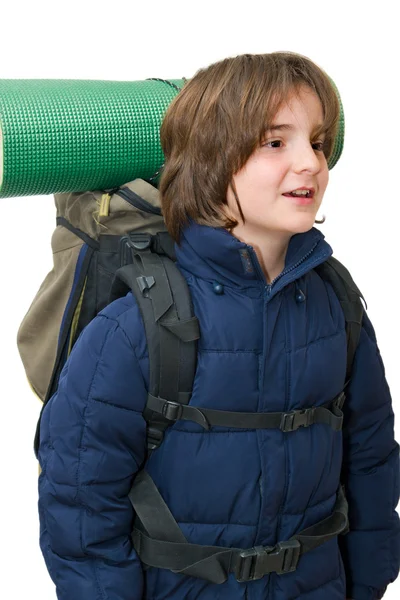 Criança com uma mochila pronta para uma viagem — Fotografia de Stock