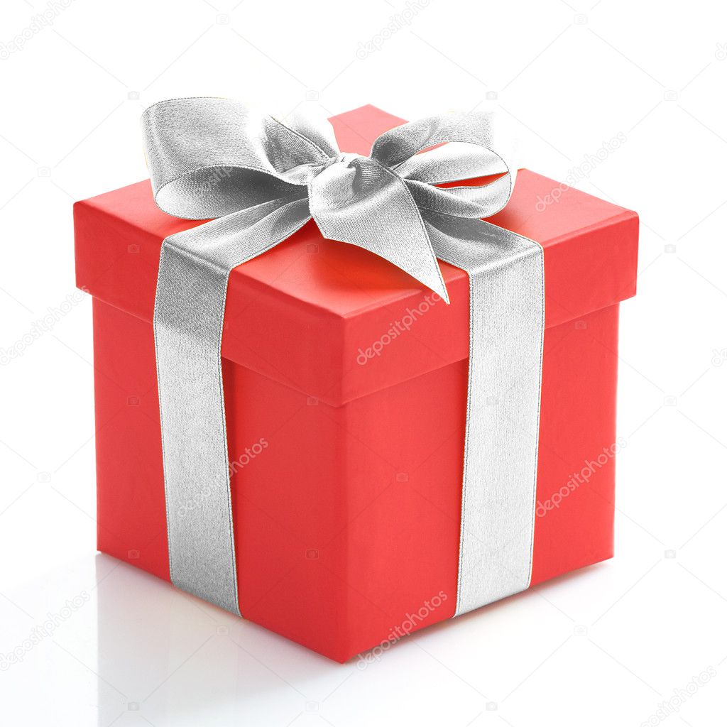 Single red gift box with gold ribbon on white background.