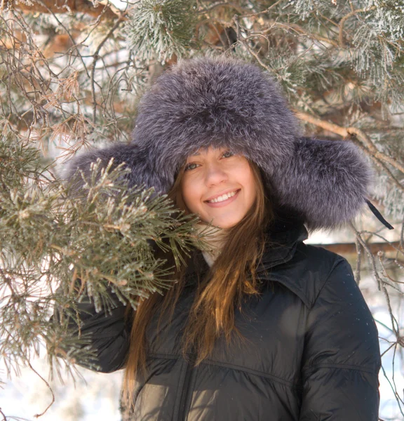 Young Pretty Woman Winter Forest — Stock Photo, Image