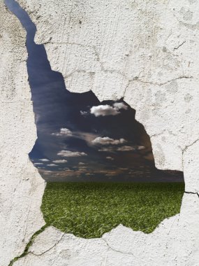 Gloomy landscape through the destroyed wall clipart