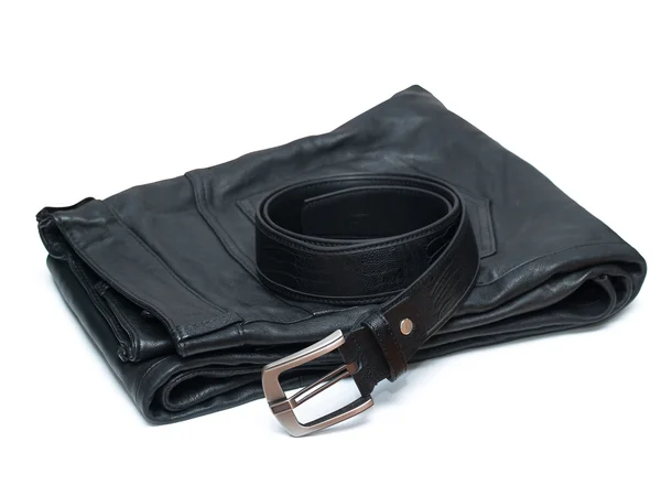 Pantalone Pelle Nera Cintura Pelle Nera Isolata Sfondo Bianco — Foto Stock