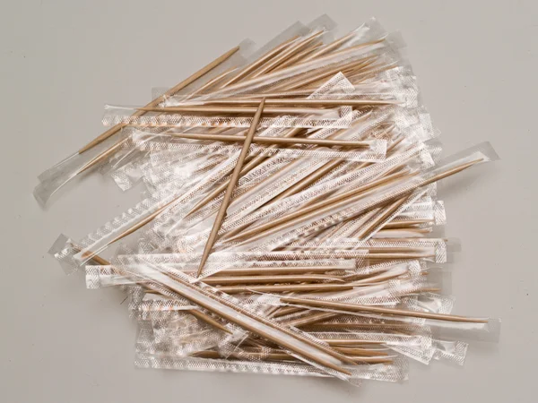 Large Group Wooden Toothpicks Wrapped Transparent Film — Stock Photo, Image