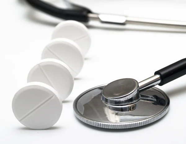 Stetoskop Białe Tabletki Biały — Zdjęcie stockowe