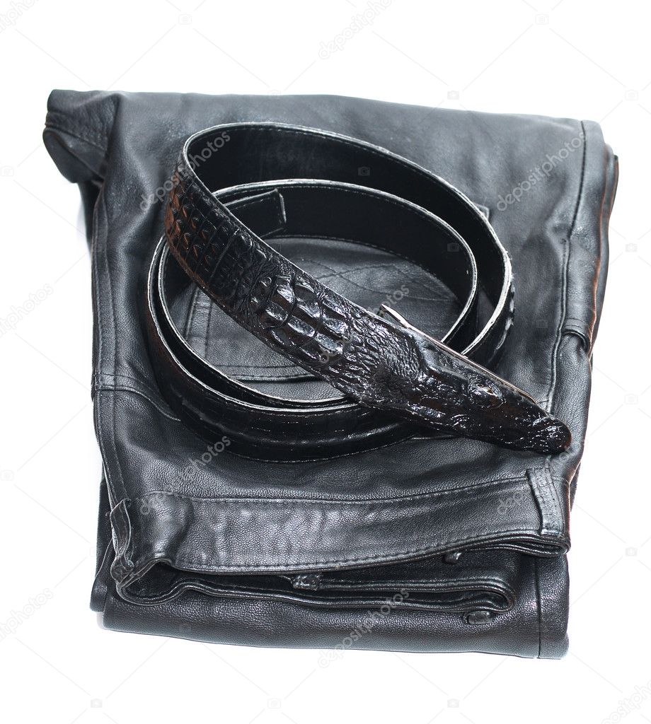 Black leather pants and a black leather belt isolated on white background