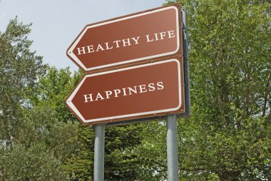 Road sign to happiness and healthy life clipart
