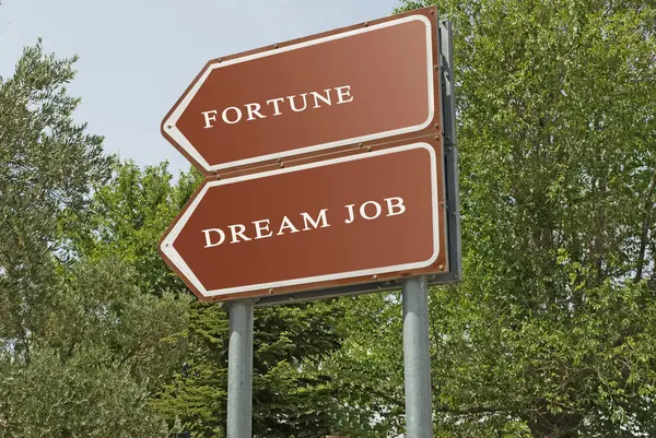 Дорожные знаки, чтобы мечтать работу и богатство — стоковое фото