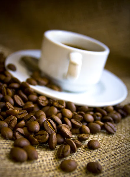 Makroschuss Kaffeebohnen Und Kaffeetasse — Stockfoto