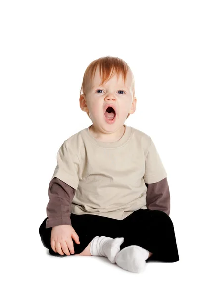 Μικρό Αγόρι Χασμουρητά Απομονωθεί Λευκό — Φωτογραφία Αρχείου