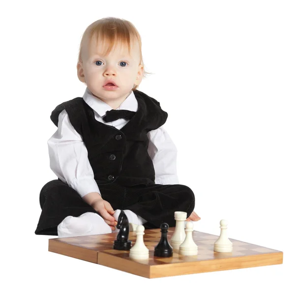 Little Boy Plays Chess Isolated — Stock Photo, Image