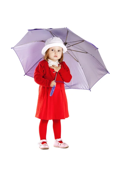 伞上白色隔离的小女孩 — 图库照片