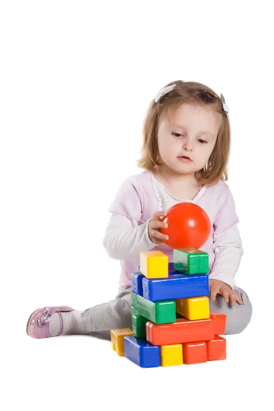 Little Girl Playing Cubes Isolated — Stock Photo, Image