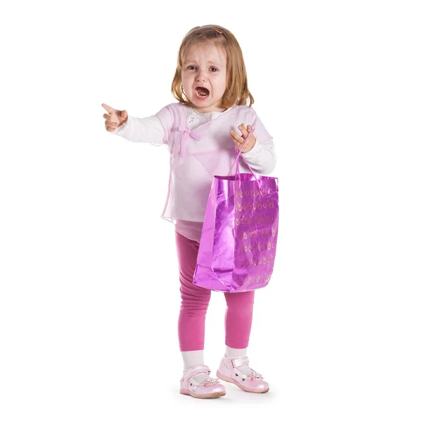 Kleines Trauriges Mädchen Mit Einkaufstasche Isoliert — Stockfoto