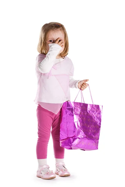 Üzgün Küçük Kız Alışveriş Çantası Izole — Stok fotoğraf