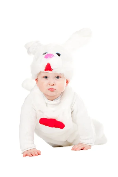 Liten Vacker Pojke Kanin Kostym Med Morot Isolerade — Stockfoto