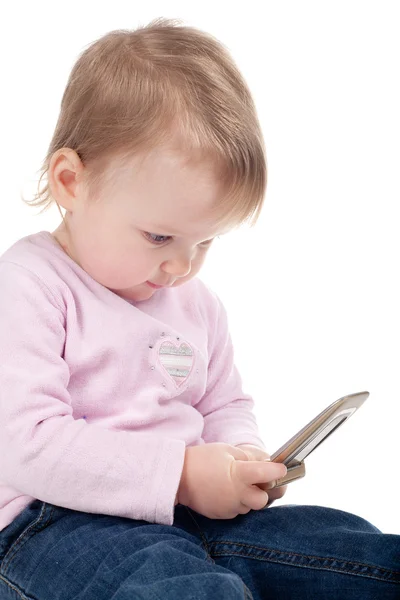 Маленькая Девочка Играет Мобильного Телефона Изолированы — стоковое фото