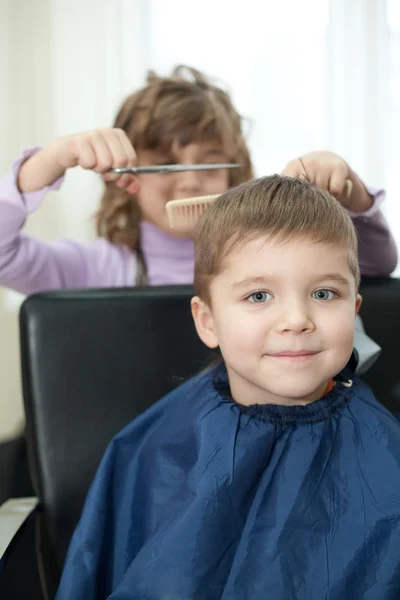 Little Funny Children Play Barbershop — Stock Photo, Image