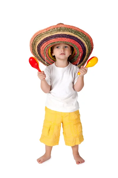 Mały chłopiec w sombrero z z marakasy — Zdjęcie stockowe