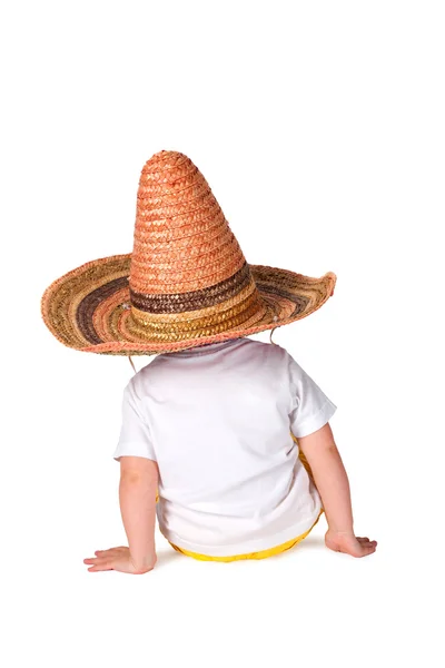 Kleiner Junge Sombrero Sitzt Isoliert Auf Weißem Boden — Stockfoto