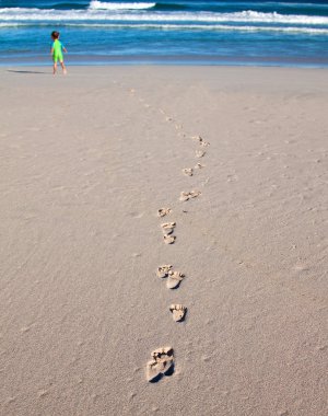 Footprints of a child on the beach going towards the breakers clipart