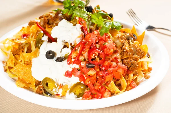 Čerstvý nachos a zeleninový salát s masem — Stock fotografie
