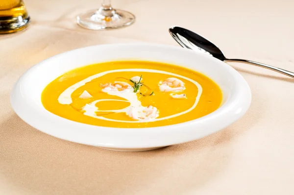 stock image Pumpkin and shrimps cream soup