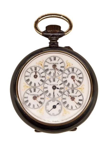 Relógio de bolso vintage representando diferentes fusos horários (isolado em b branco — Fotografia de Stock